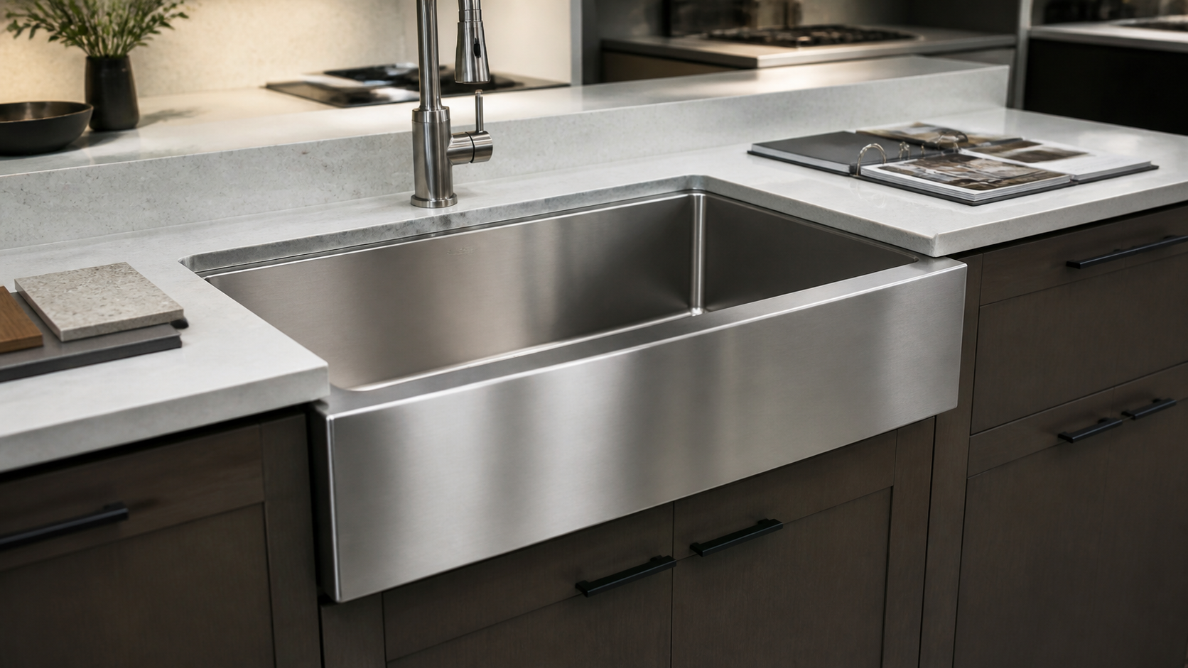 Apron-front stainless steel sink installed in a modern project kitchen showroom.