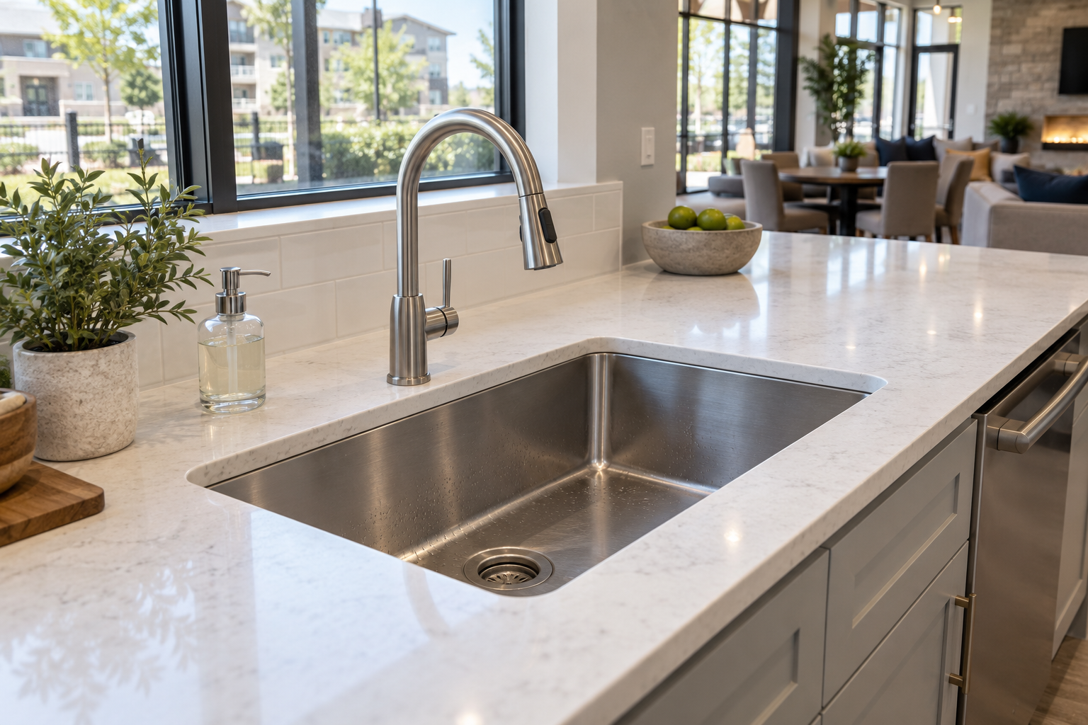 Durable stainless steel undermount sink installed in a North American multifamily clubhouse kitchen