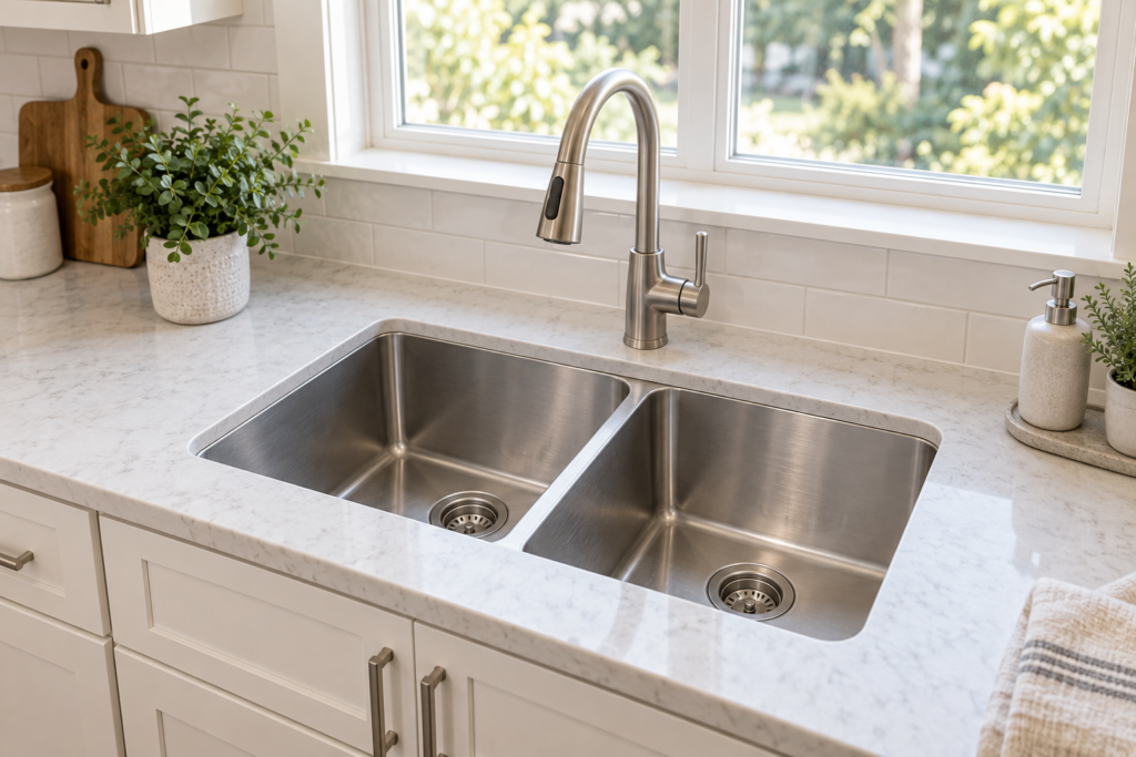Double-bowl undermount stainless steel sink installed in a bright North American kitchen