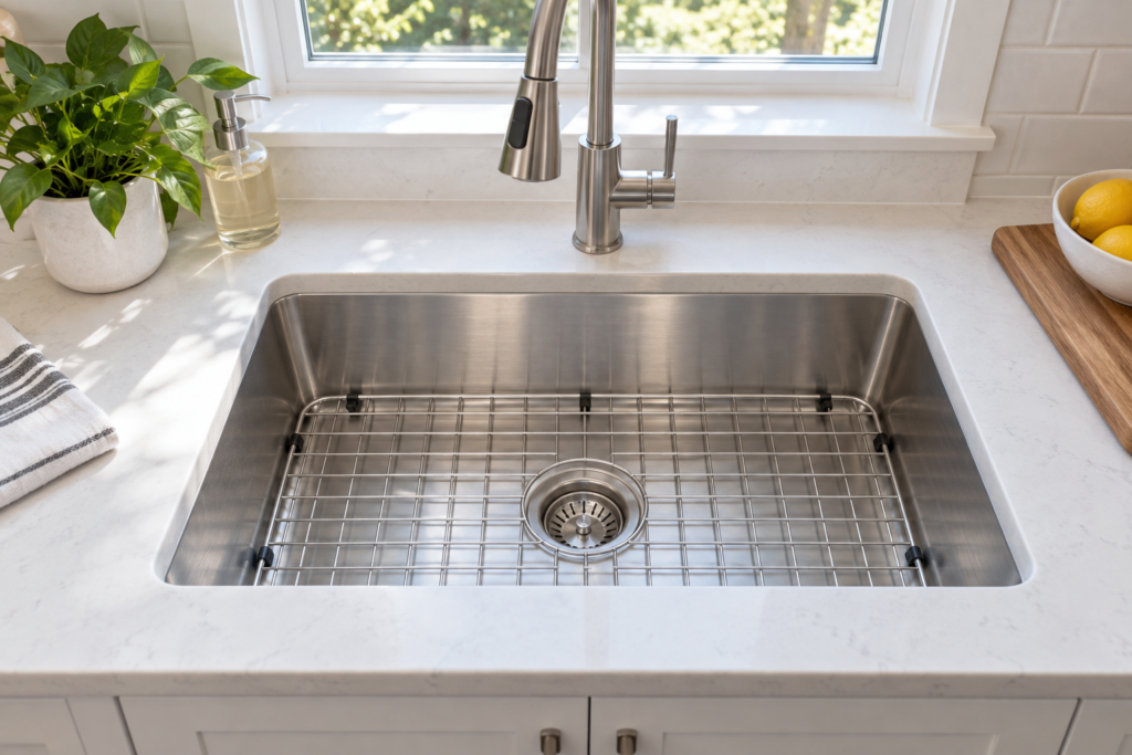 Correctly fitted stainless steel bottom grid with its opening aligned over the sink drain