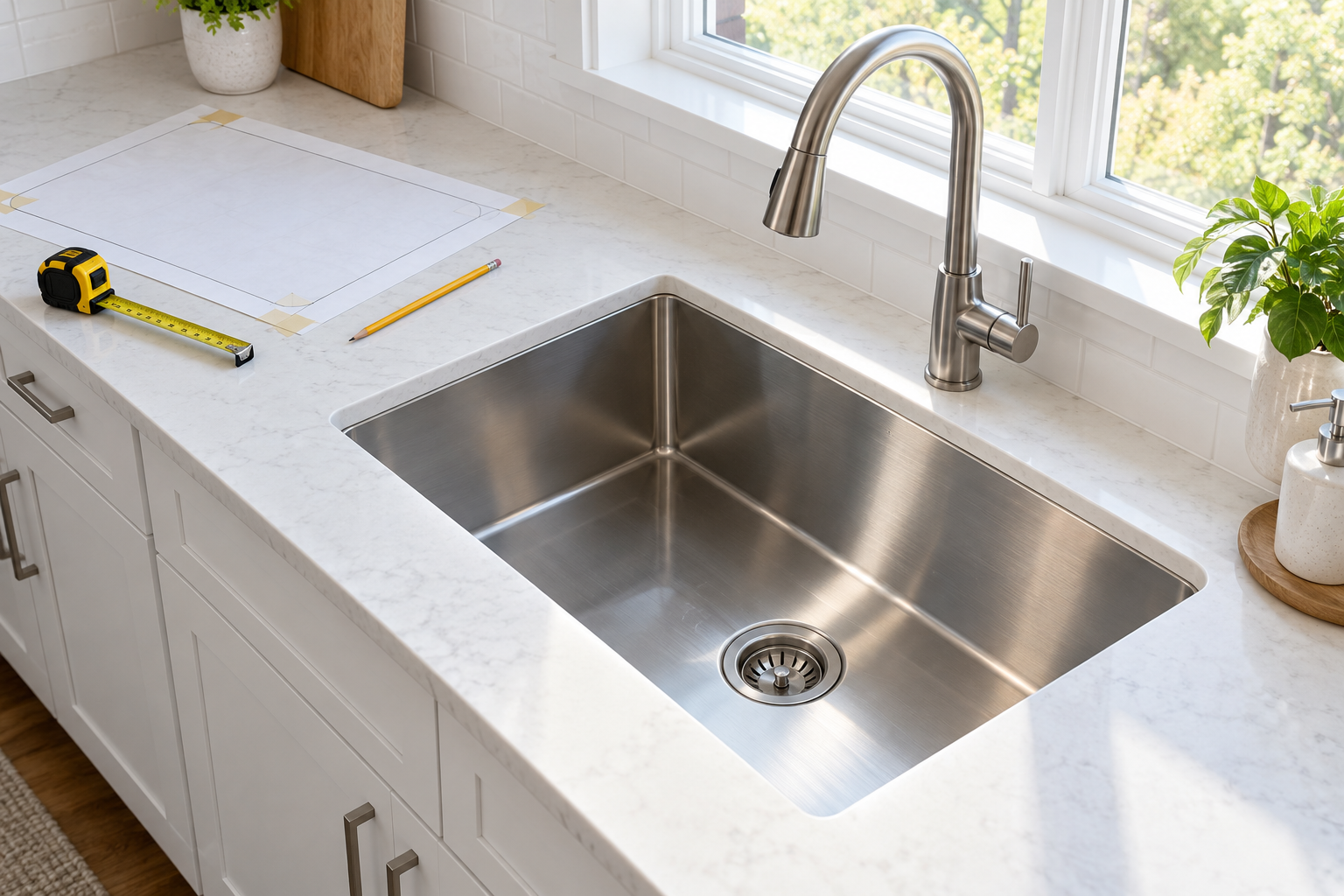Stainless steel undermount sink with a cutout template and tape measure in a North American kitchen