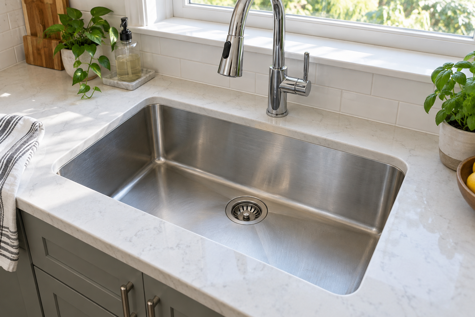 Stainless steel undermount kitchen sink with a drain correctly located on the basin floor in a North American kitchen