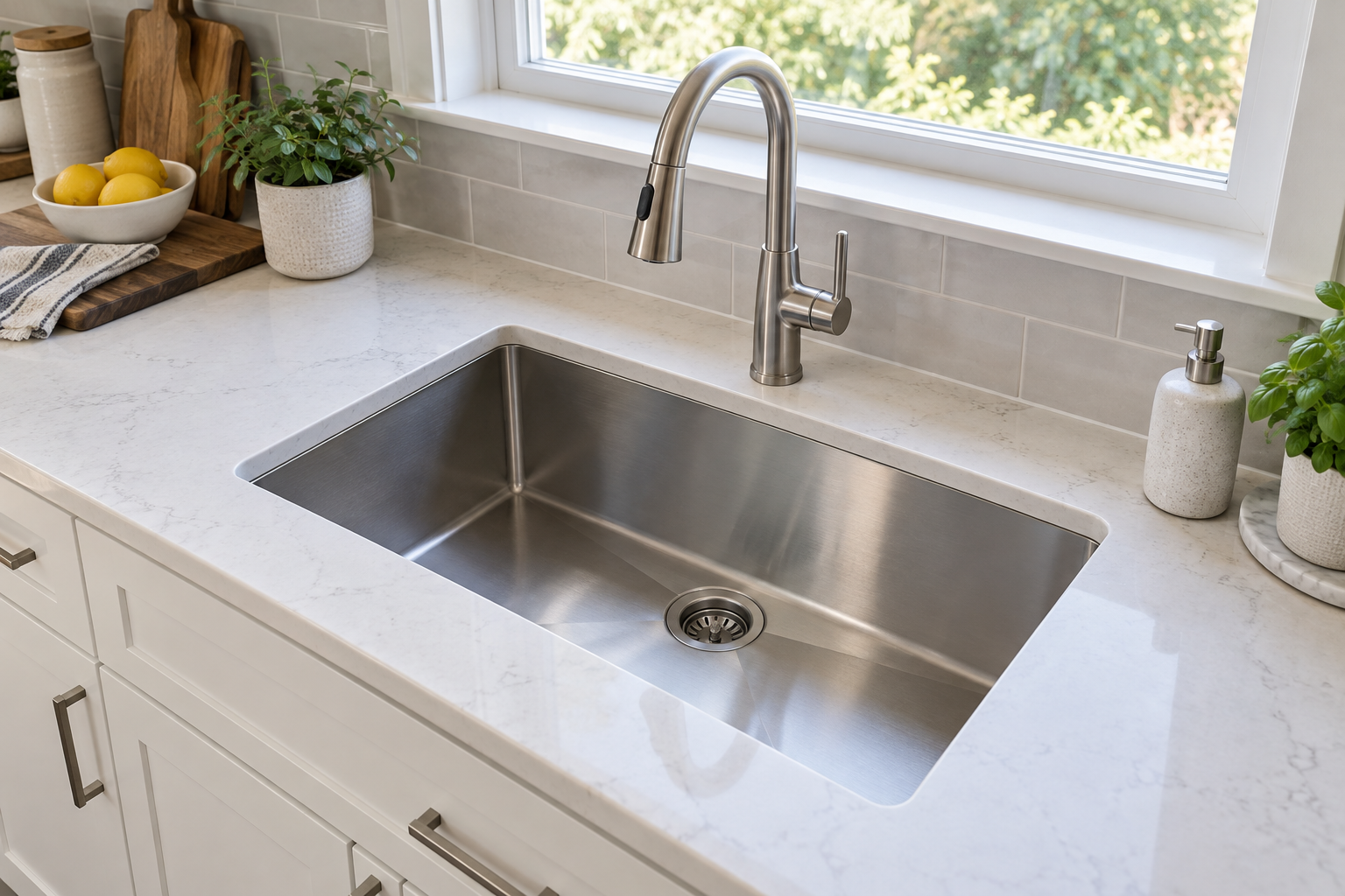 Single-hole kitchen faucet behind an undermount stainless steel sink in a bright North American kitchen