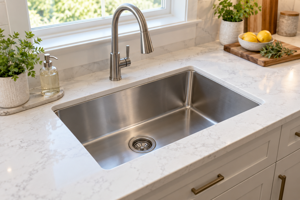 North American kitchen with a stainless steel undermount sink and a consistent countertop reveal
